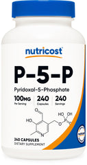 Nutricost frasco frontal P5P mostrando etiqueta y beneficio de dosis clara