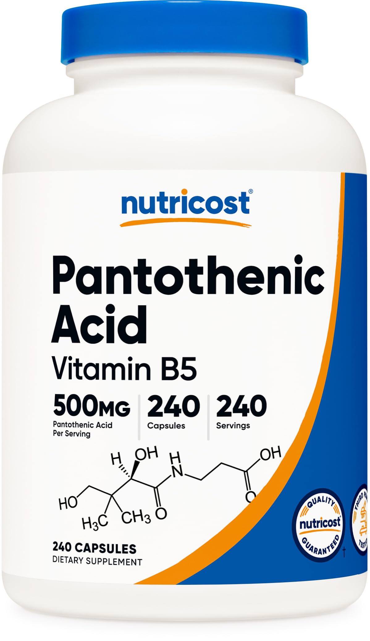 Nutricost frasco frontal de Pantothenic Acid 500 mg, presentación clara y fiable
