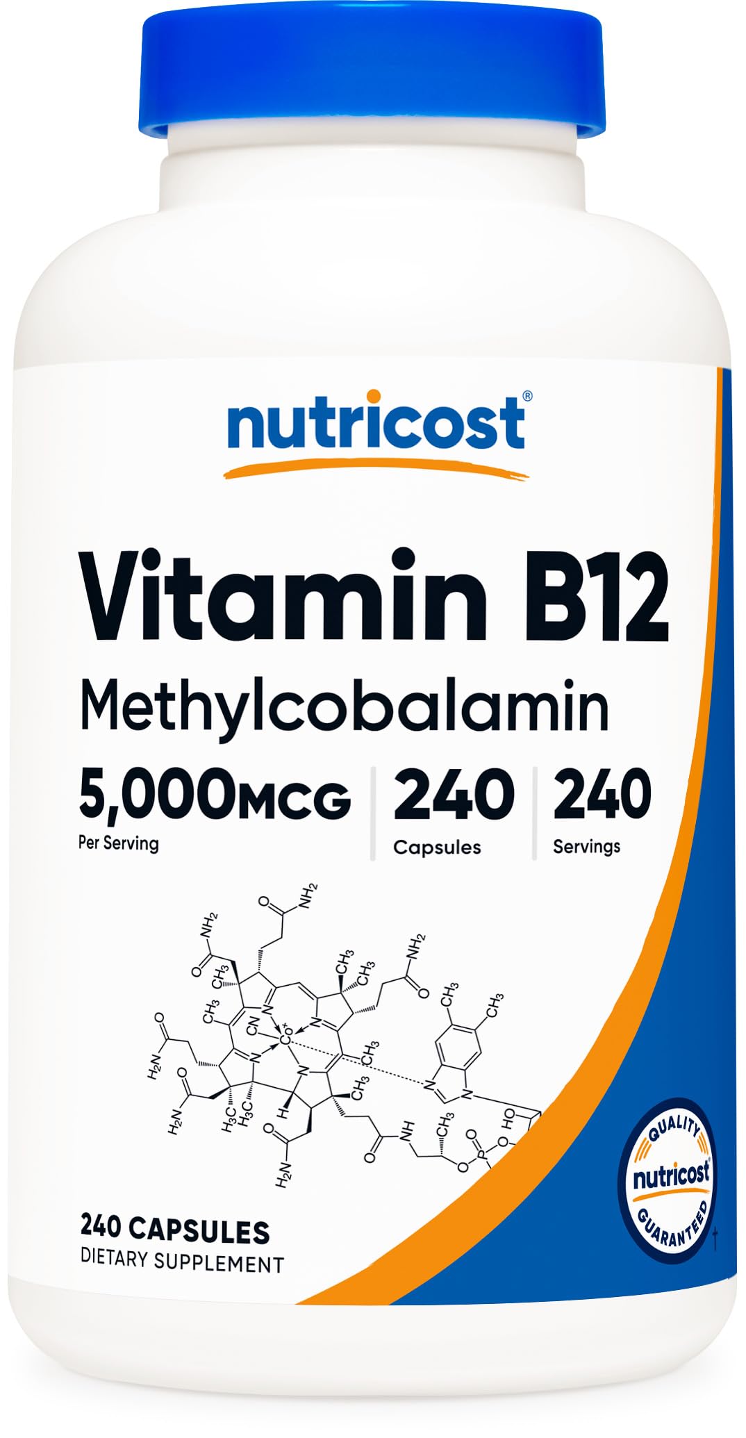Nutricost frasco frontal de Vitamin B12 5000mcg mostrando etiquetado claro y duración