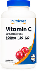 Nutricost botella frontal mostrando Vitamina C y Rosa Mosqueta para identificación rápida