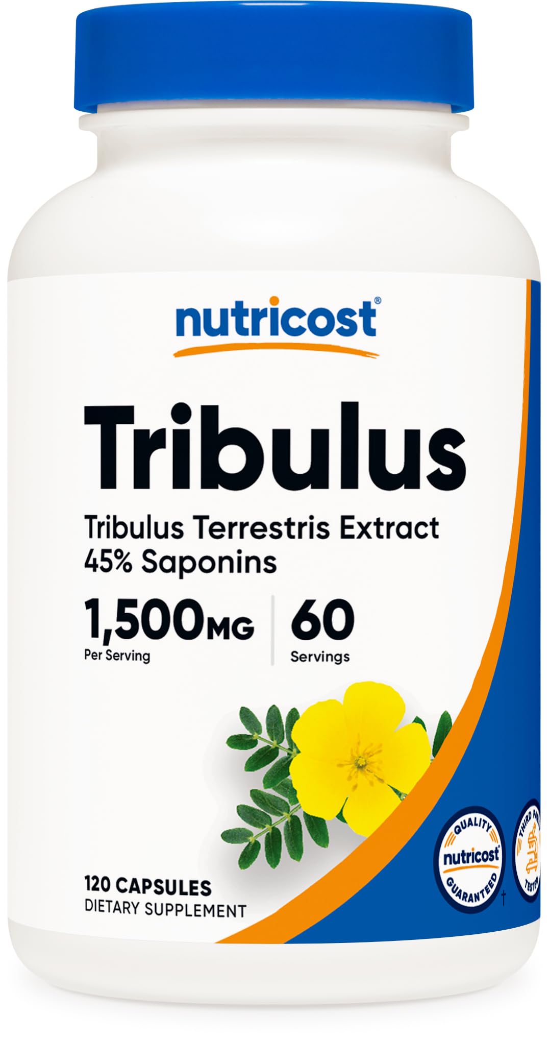 Nutricost frasco frontal Tribulus mostrando etiqueta y beneficio de dosificación