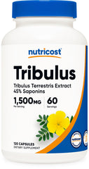 Nutricost frasco frontal Tribulus mostrando etiqueta y beneficio de dosificación