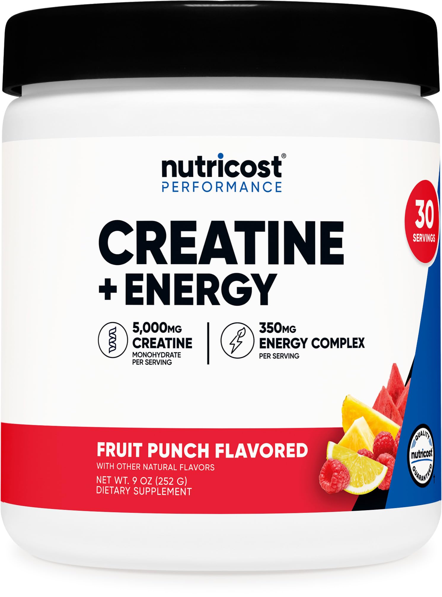 Nutricost envase frontal Fruit Punch mostrando tamaño y branding, claridad del producto