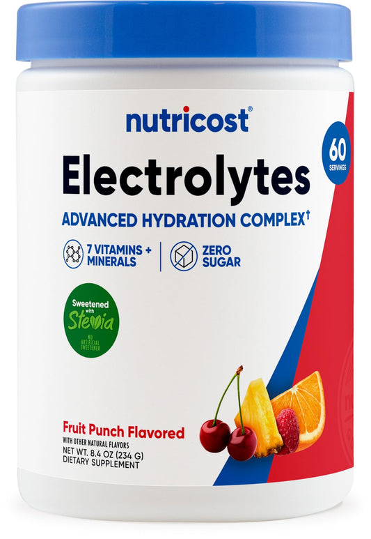 Nutricost envase frontal Fruit Punch mostrando la etiqueta y beneficios de hidratación
