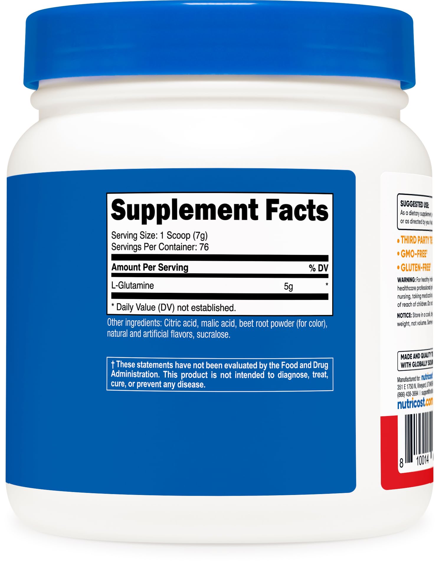 Nutricost etiqueta con certificaciones resaltando calidad y seguridad del producto
