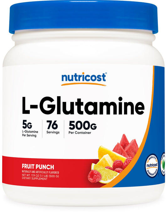 Nutricost envase frontal Fruit Punch mostrando tamaño y beneficio conveniencia