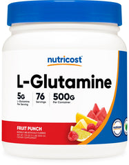 Nutricost envase frontal Fruit Punch mostrando tamaño y beneficio conveniencia