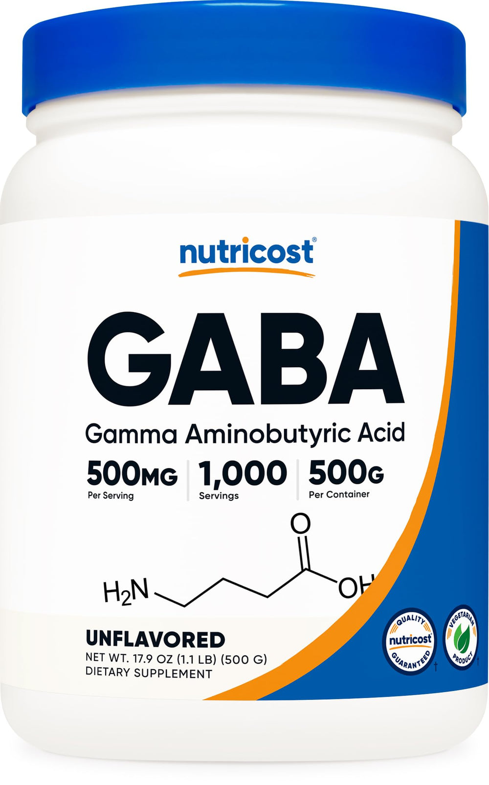 Nutricost frasco de GABA polvo frente mostrando el envase y volumen 500 g