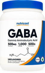 Nutricost frasco de GABA polvo frente mostrando el envase y volumen 500 g