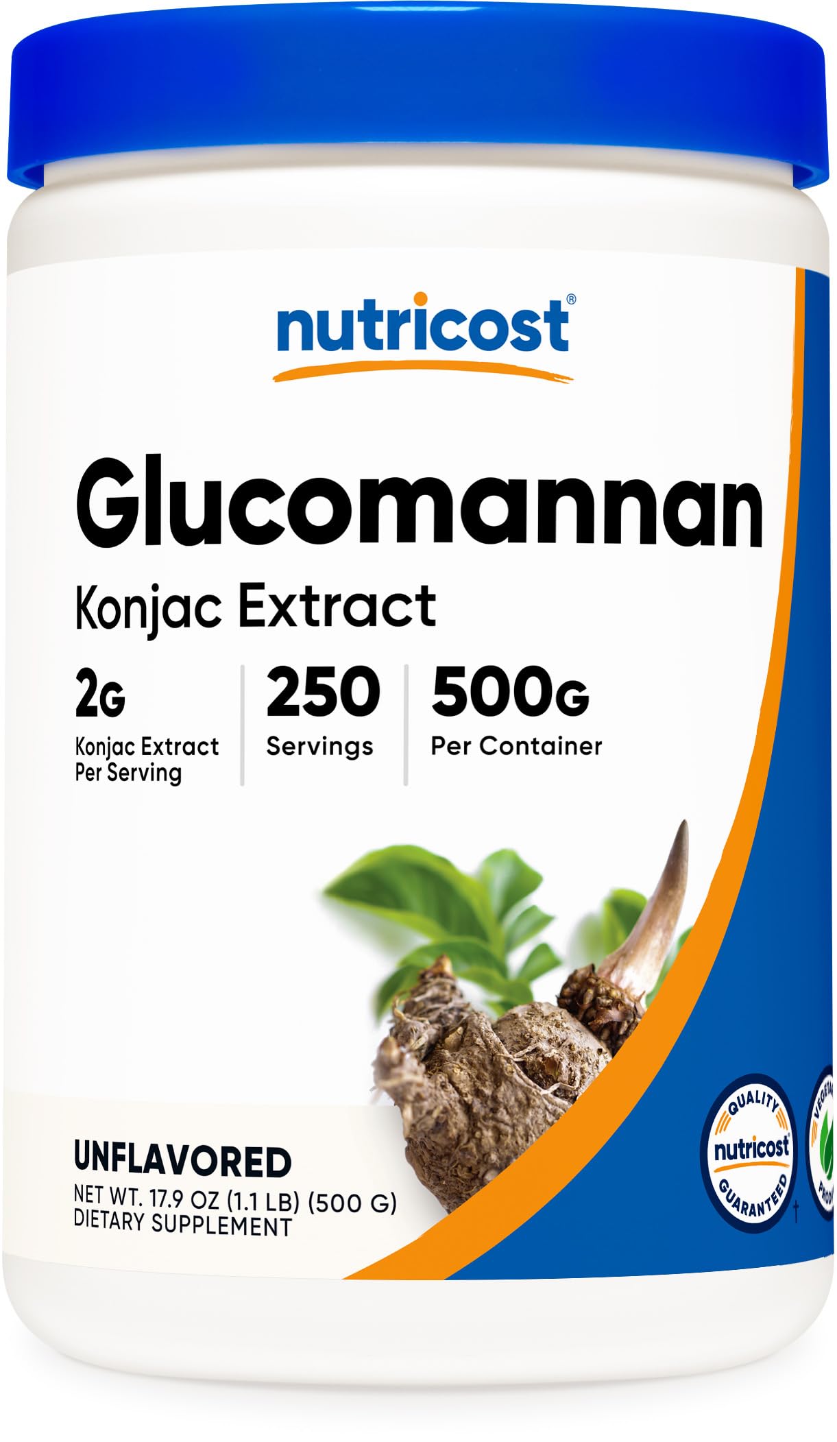 Nutricost frasco delantero mostrando etiqueta clara y beneficios