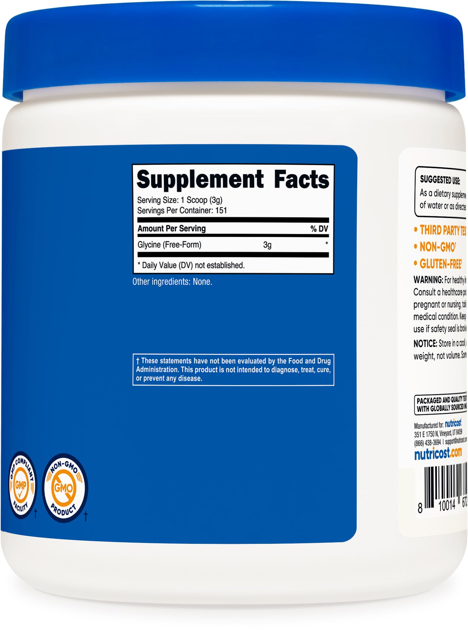 Nutricost glicina etiqueta con información de ingredientes y certificaciones