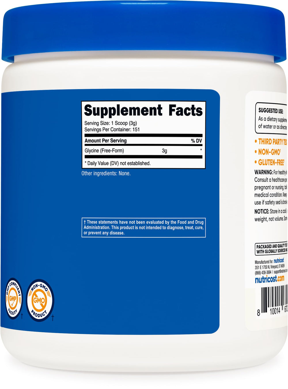 Nutricost glicina etiqueta con información de ingredientes y certificaciones
