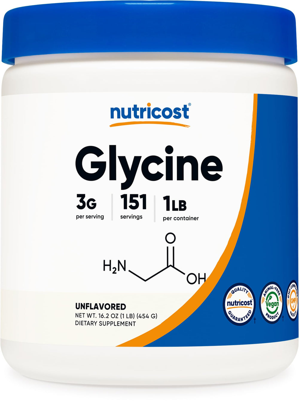 Nutricost glicina envase frontal mostrando tamaño y marca para confianza