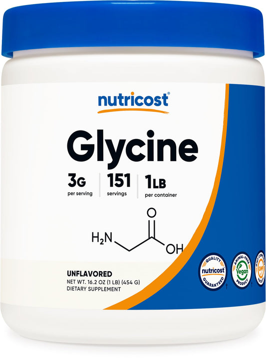 Nutricost glicina envase frontal mostrando tamaño y marca para confianza