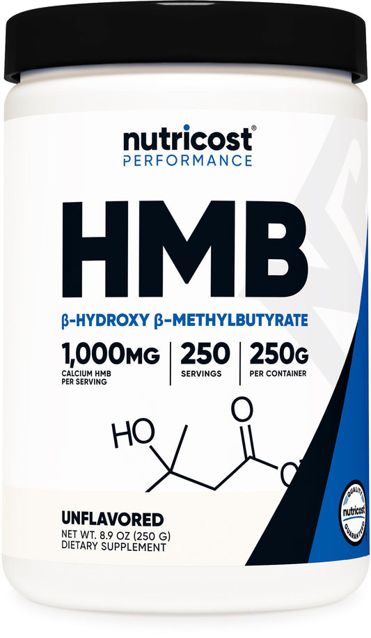 Nutricost HMB frente del envase mostrando etiqueta y tamaño, transmite confianza