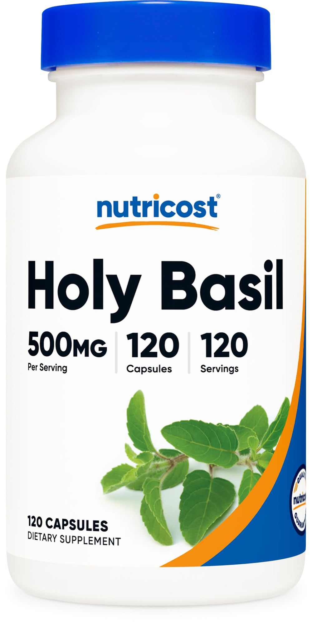 Nutricost Holy Basil vista frontal del frasco y etiqueta clara