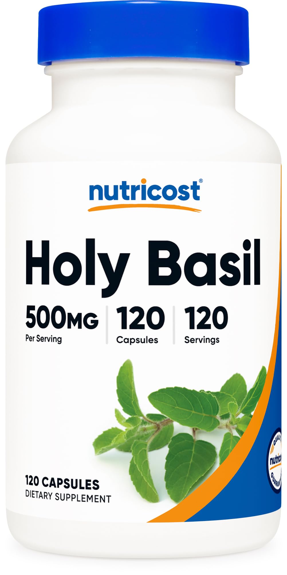 Nutricost Holy Basil vista frontal del frasco y etiqueta clara