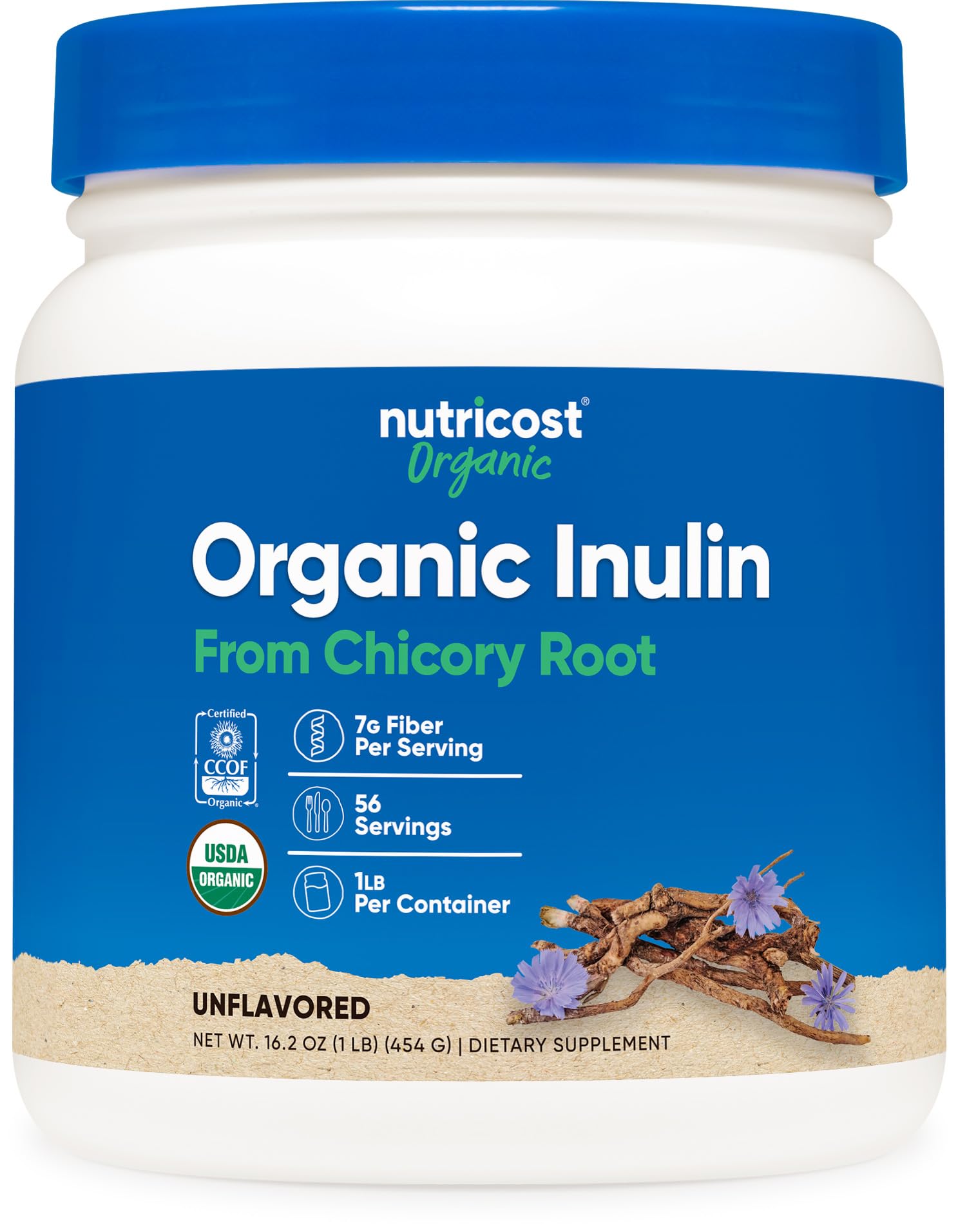 Nutricost frasco frontal con etiqueta orgánica y 454 g, muestra seguridad