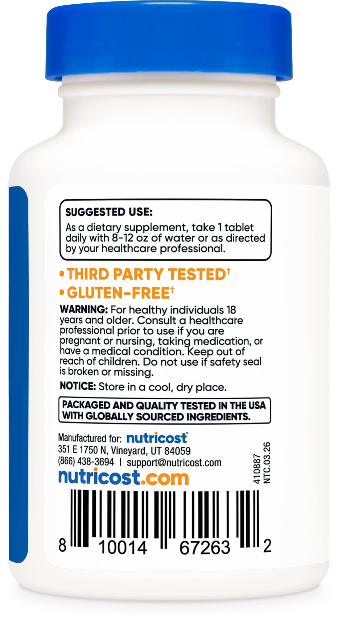 Etiqueta Nutricost Iodine con información nutricional y certificación GMP visible