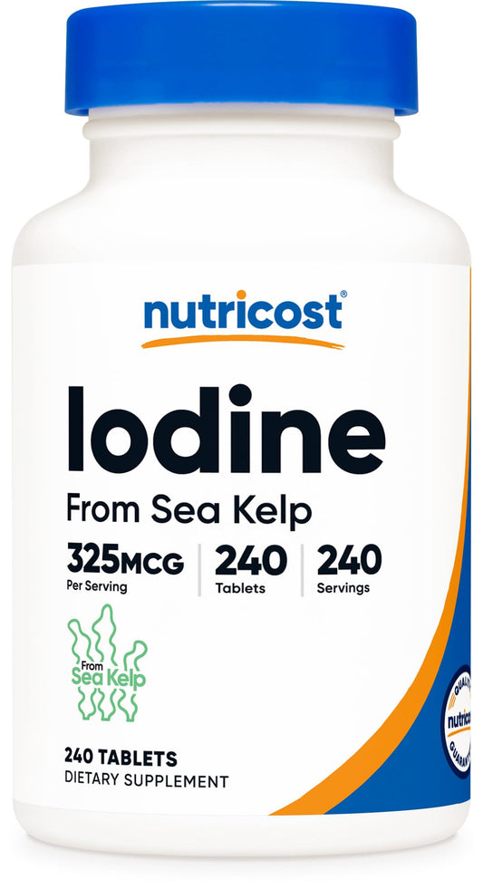 Nutricost Iodine frasco delantero mostrando etiqueta y dosis 325mcg