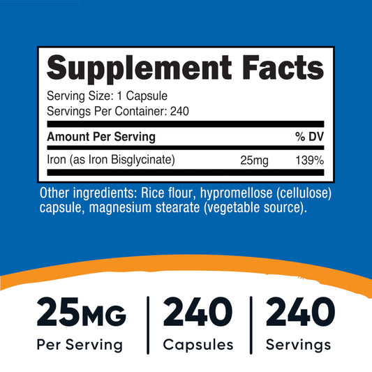 Nutricost iron bisglycinate bottle shows 240-capsule supply for routines.