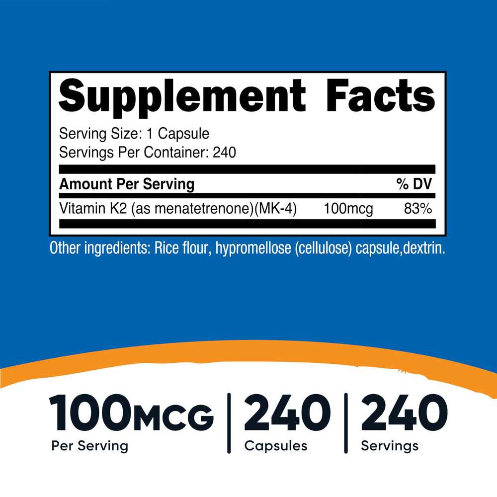 Nutricost etiqueta con información MK-4 y beneficio de pureza del ingrediente