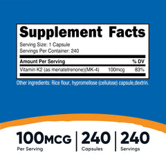 Nutricost etiqueta con información MK-4 y beneficio de pureza del ingrediente