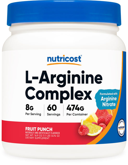 Nutricost L-Arginine Complex, sabor Fruta Punch, potencia entrenamientos y energía.