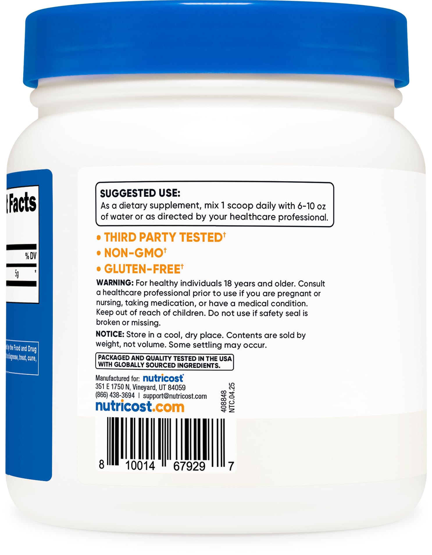 Nutricost L-Arginine comparación de tamaño del envase para estimar porciones