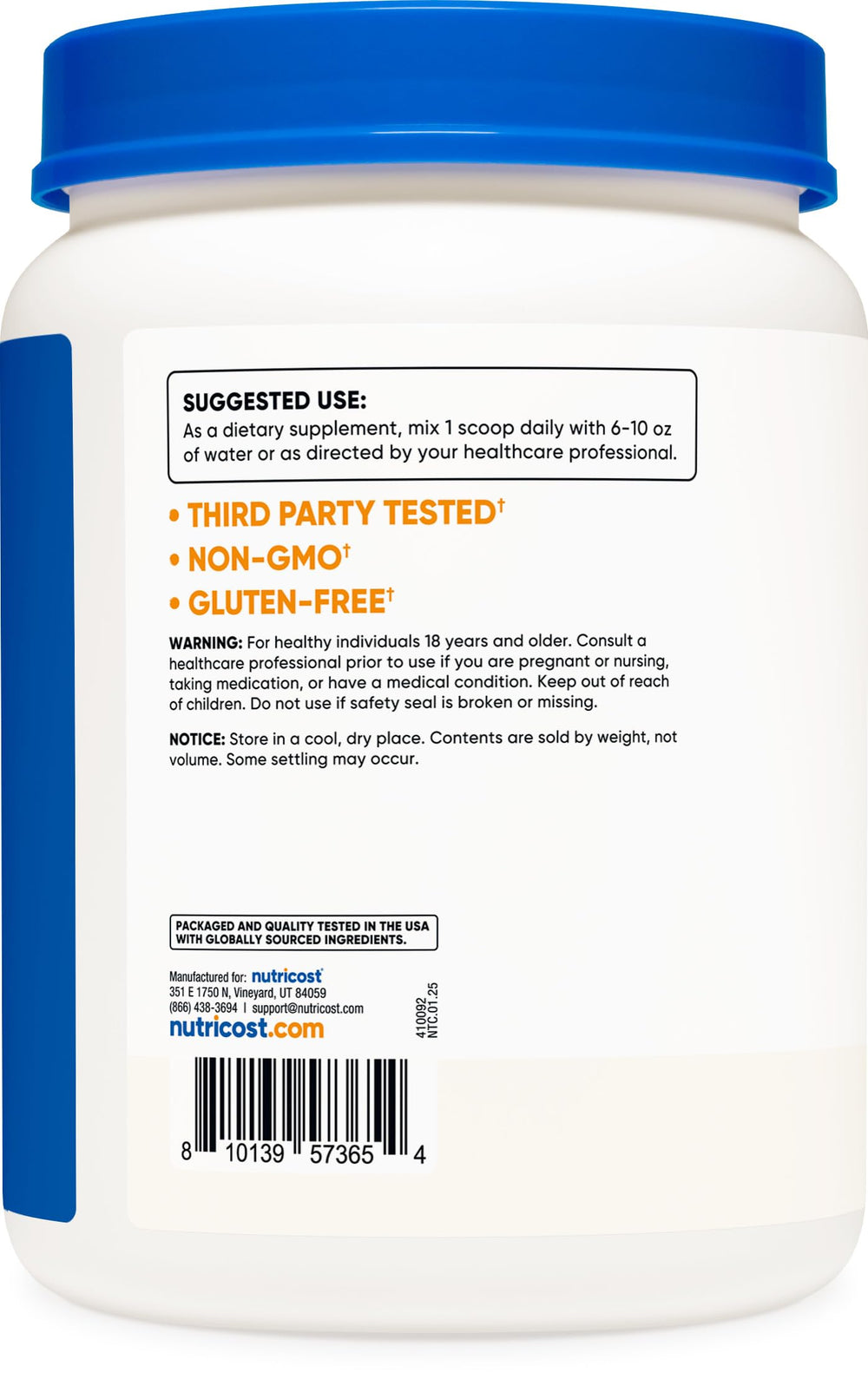 Detalle de etiqueta Nutricost con sello GMP y registro FDA, garantía de calidad
