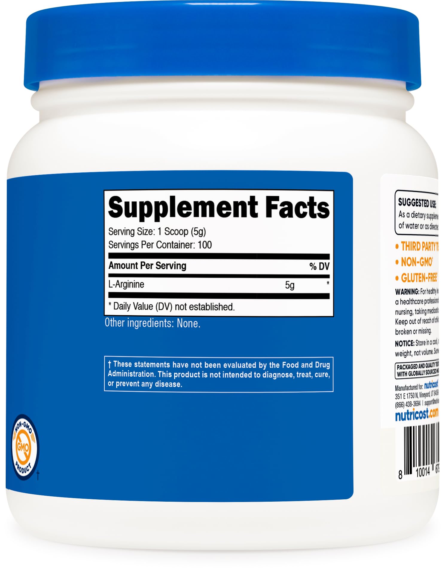 Nutricost L-Arginine detalle de la etiqueta con información de ingredientes y garantías