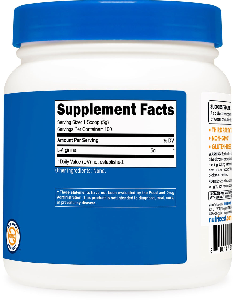 Nutricost L-Arginine detalle de la etiqueta con información de ingredientes y garantías