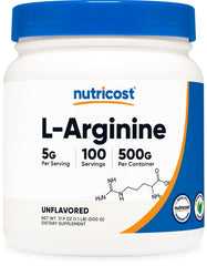 Nutricost L-Arginine vista frontal del envase mostrando el tamaño y marca