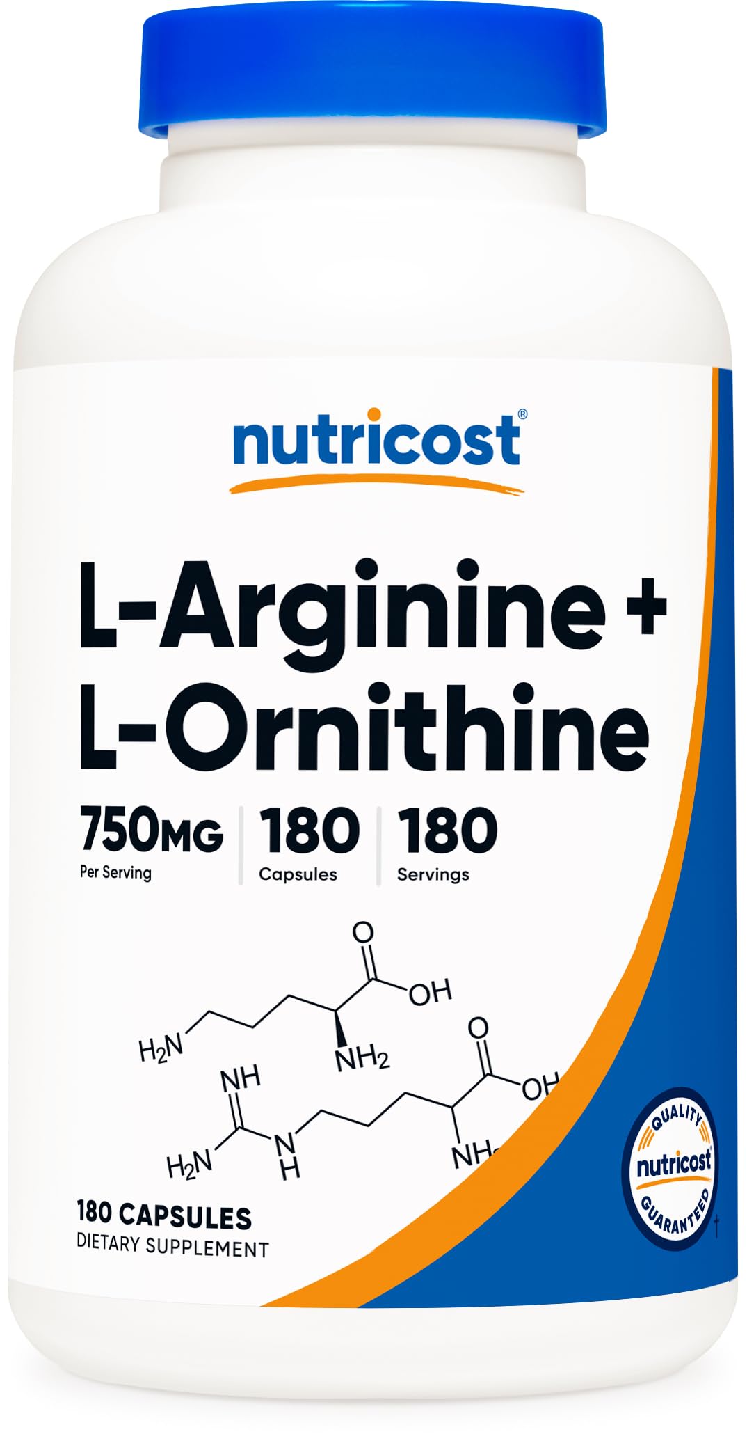 Nutricost L-Arginine L-Ornithine 750mg capsules bottle shows the label, supporting active daily routines.