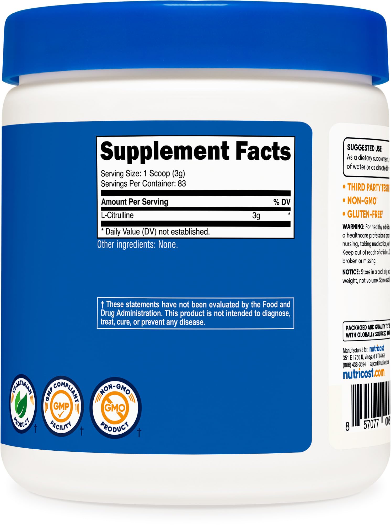 Nutricost L-Citrulline comparación de tamaño del bote y raciones disponibles