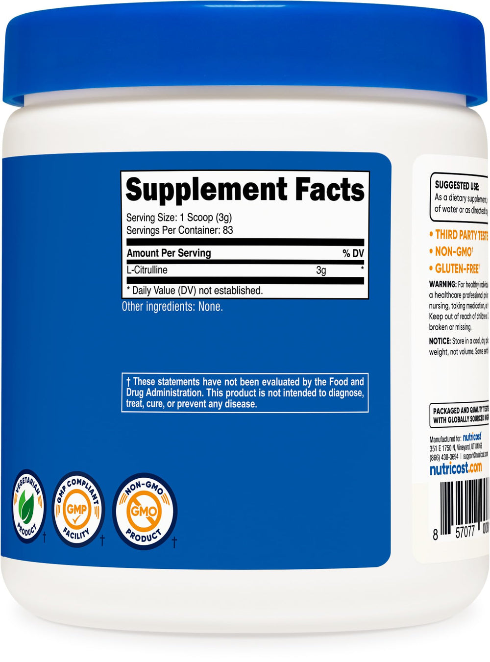Nutricost L-Citrulline comparación de tamaño del bote y raciones disponibles