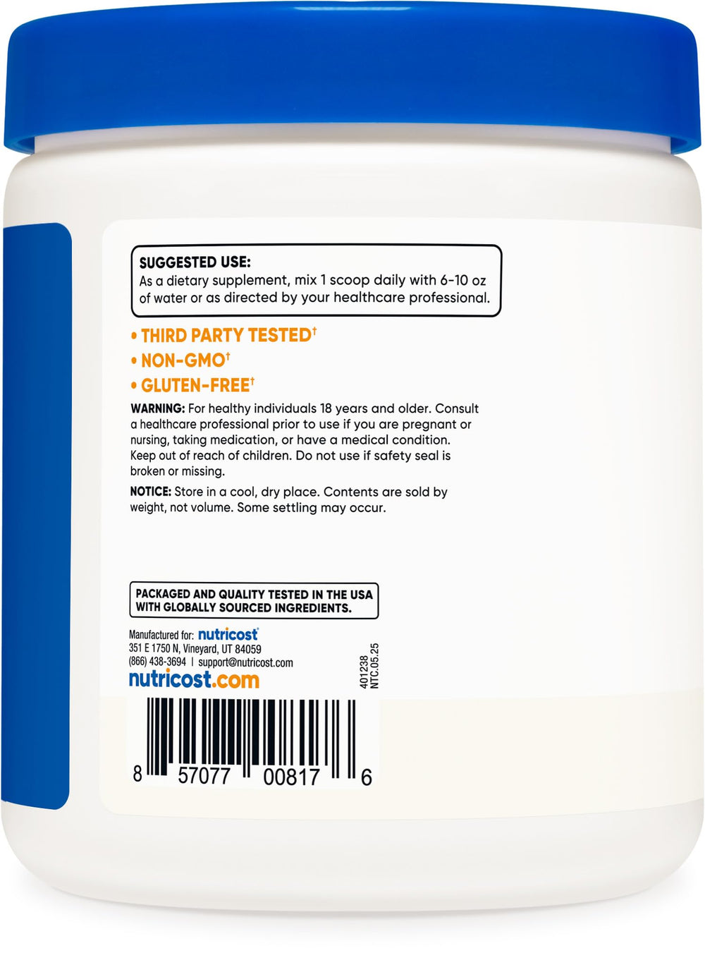 Nutricost L-Citrulline etiqueta con información de pureza y cantidad