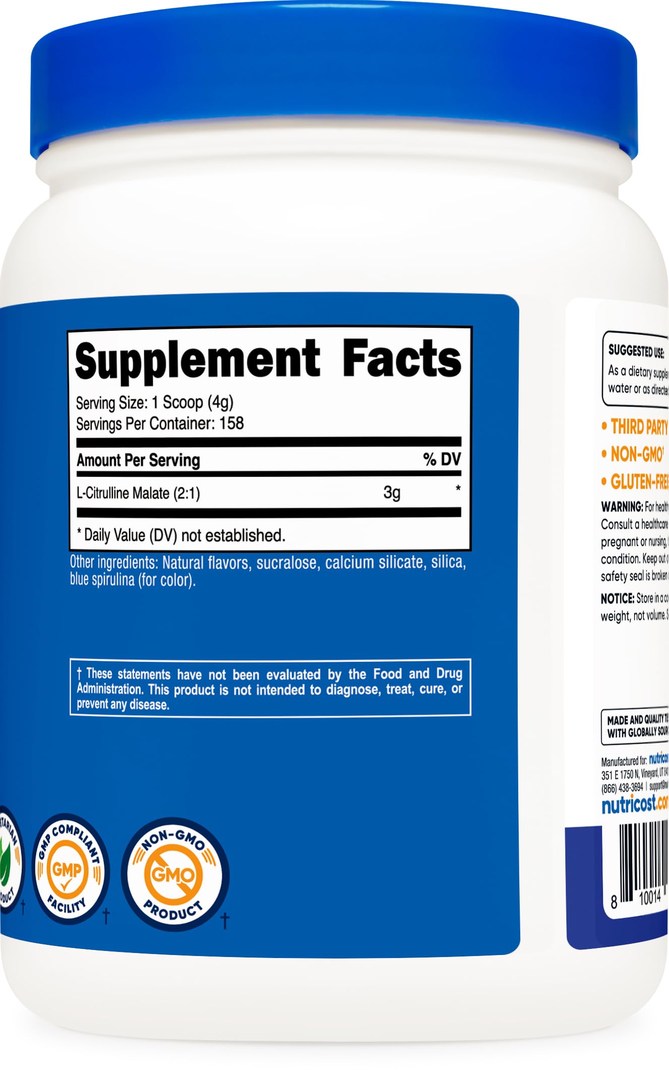 Detalle de la etiqueta Nutricost L-Citrulline Malate mostrando información de ingredientes y certificaciones