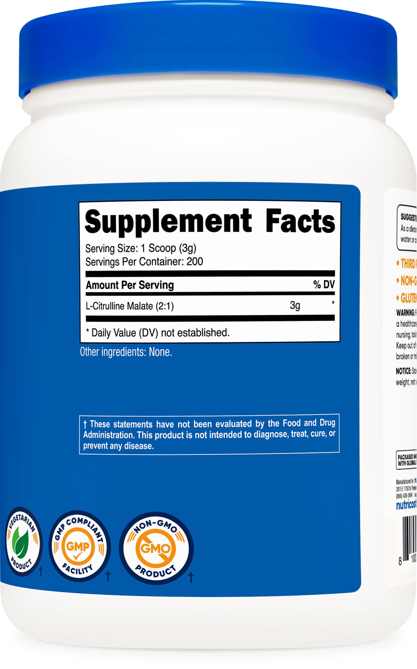 Nutricost detalle de etiqueta nutricional que certifica fabricación y raciones