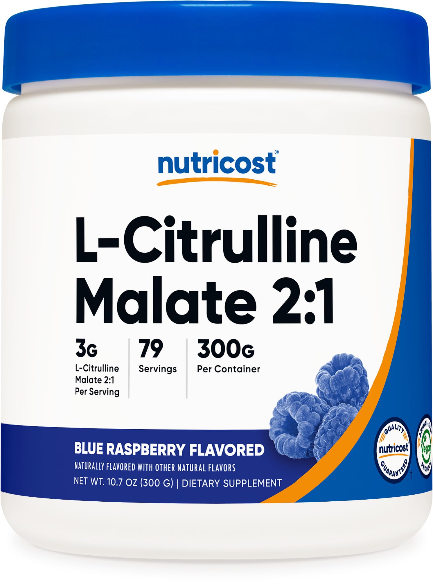 Nutricost frasco frontal Azul Raspberry mostrando etiqueta y tamaño