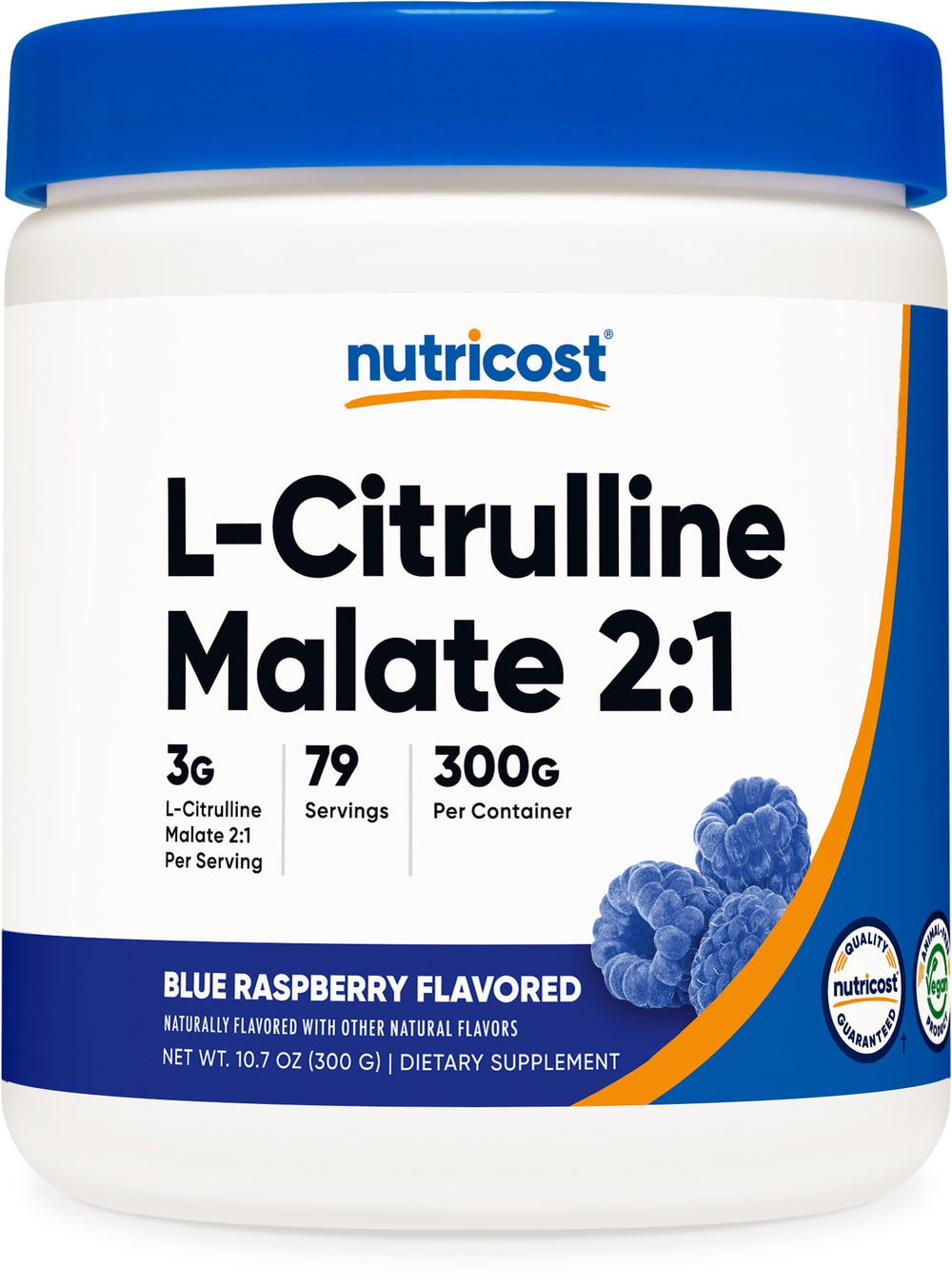 Nutricost frasco frontal Azul Raspberry mostrando etiqueta y tamaño