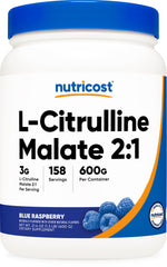 Nutricost envase frontal de L-Citrulline Malate sabor blue raspberry mostrando la marca y beneficio de conveniencia