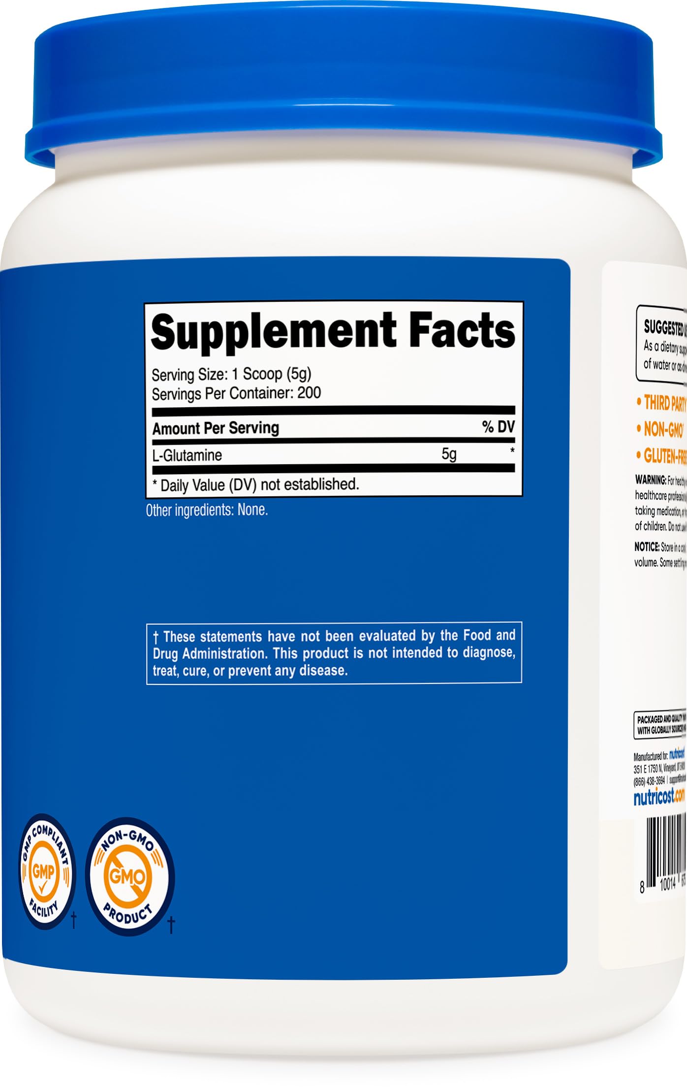 Nutricost etiqueta con sellos NSF GMP Non-GMO y sin gluten visibles