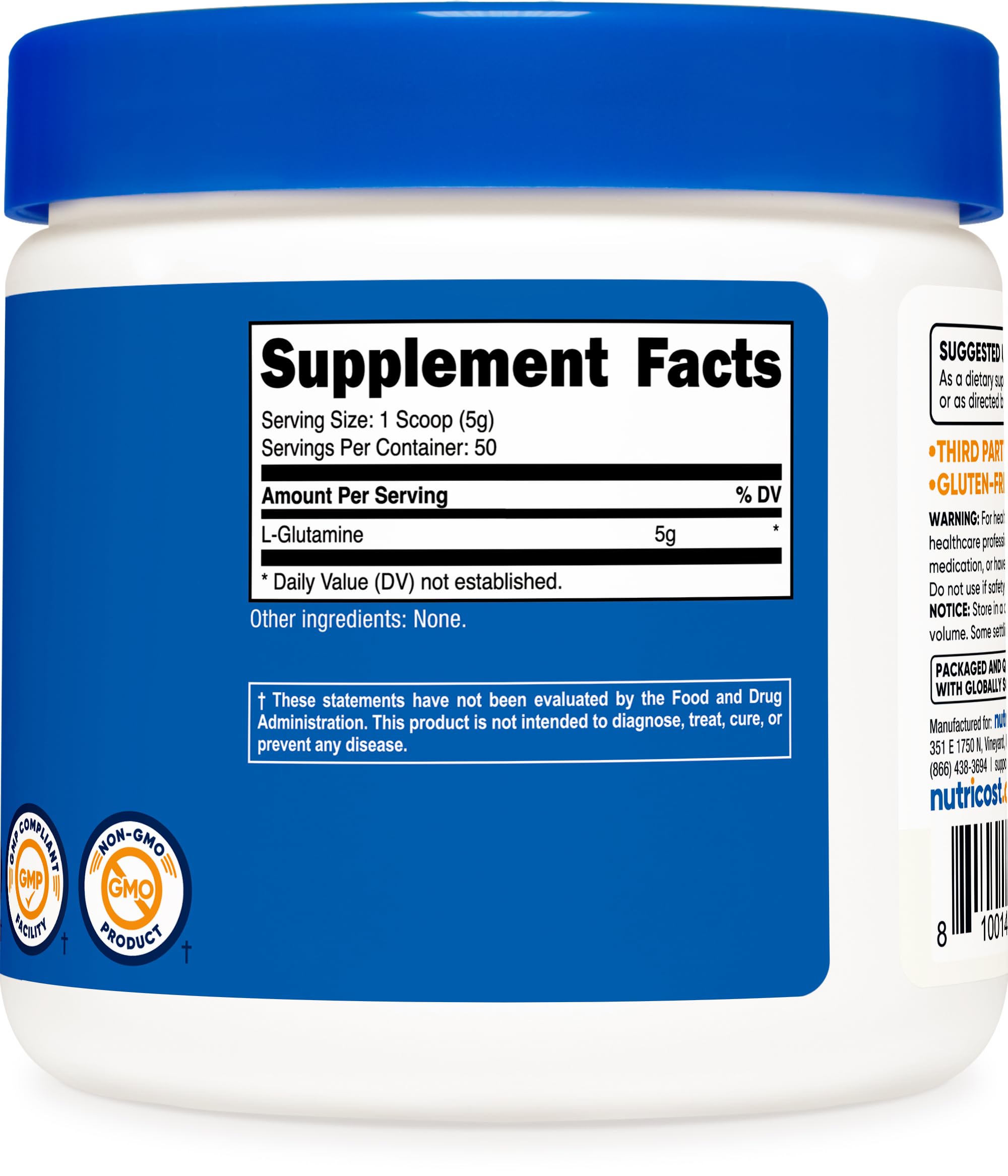 Nutricost etiqueta con información de ingredientes y certificaciones