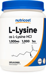 Nutricost L-Lysine envase frontal mostrando tamaño y marca, confianza en la compra
