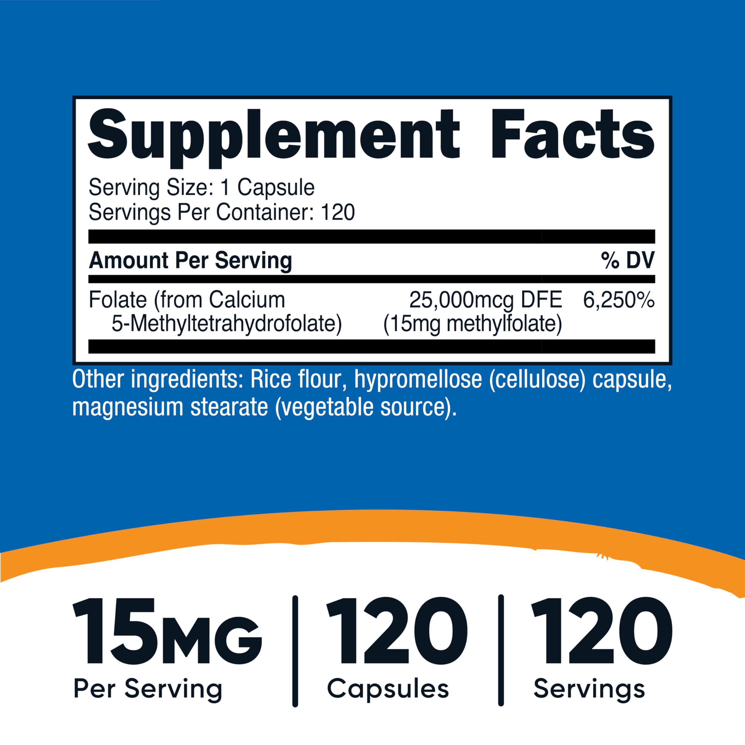 Primer plano de cápsulas Nutricost L‑Methylfolate revelando textura y facilidad de ingestión