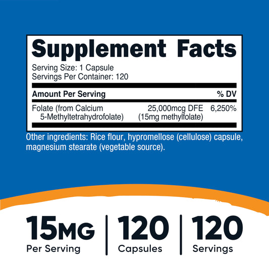 Primer plano de cápsulas Nutricost L‑Methylfolate revelando textura y facilidad de ingestión
