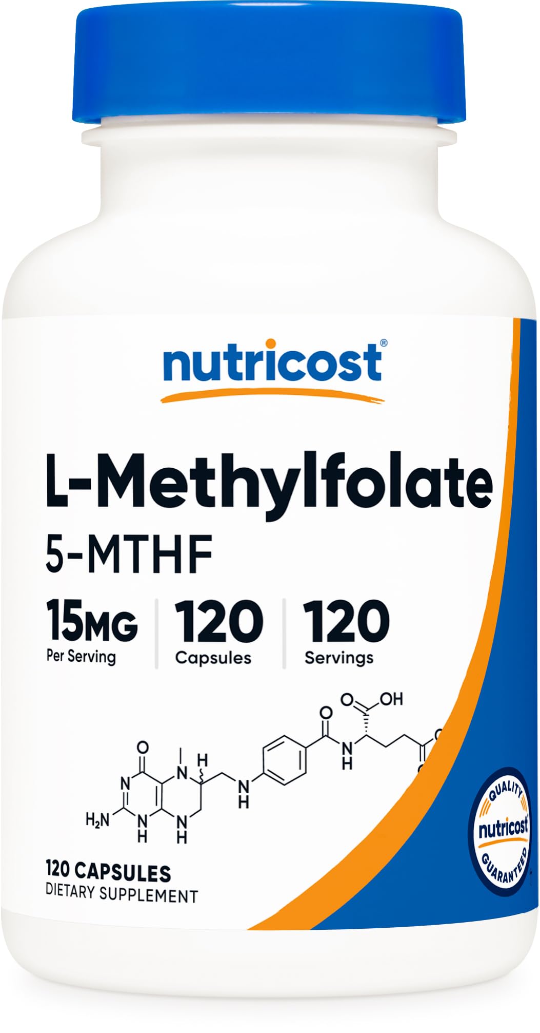 Frontal del bote Nutricost L‑Methylfolate mostrando etiqueta clara y beneficio de dosificación
