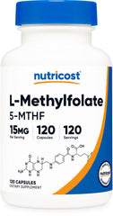 Frontal del bote Nutricost L‑Methylfolate mostrando etiqueta clara y beneficio de dosificación
