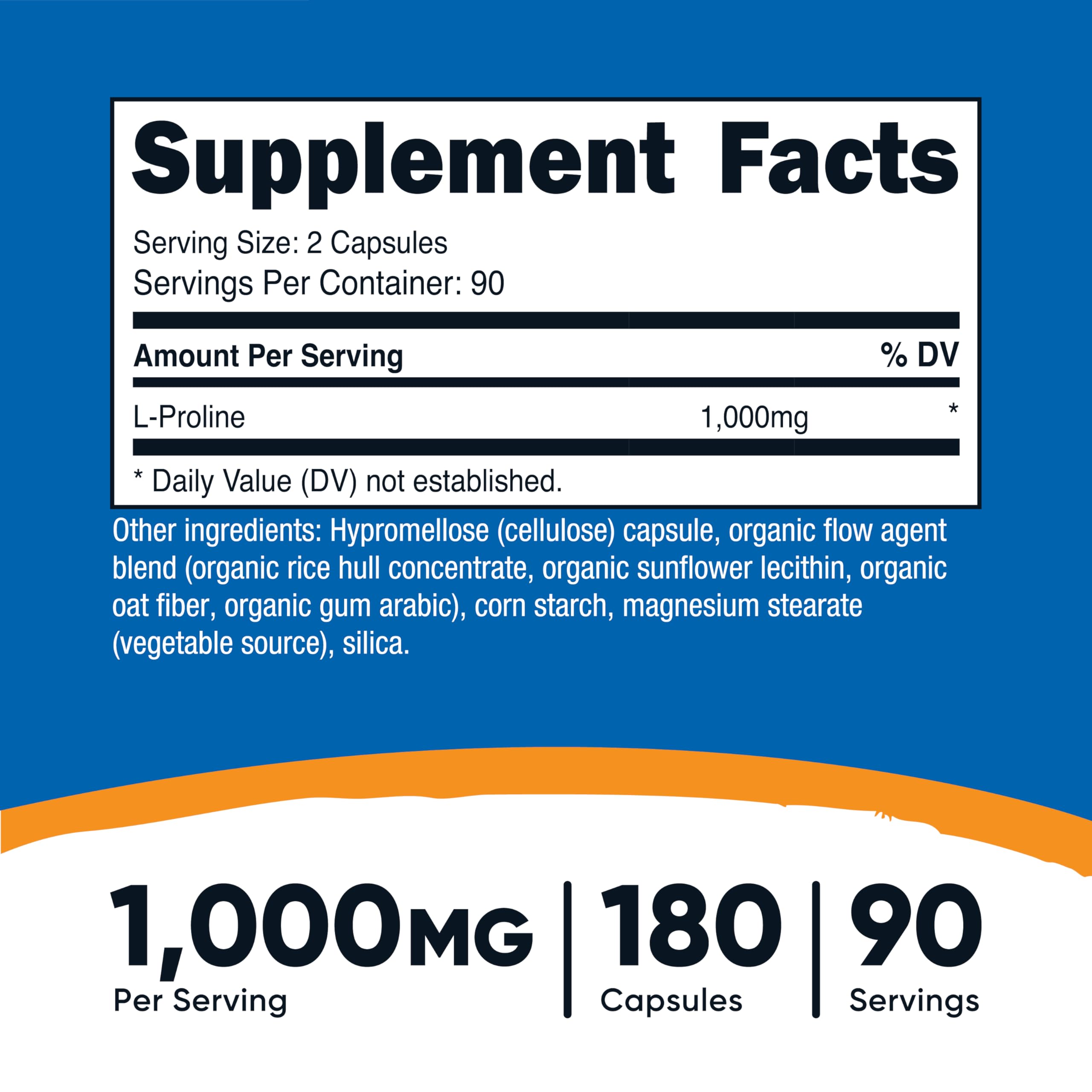 Nutricost L-Proline detalle de etiqueta con ingredientes y certificaciones que aporta confianza